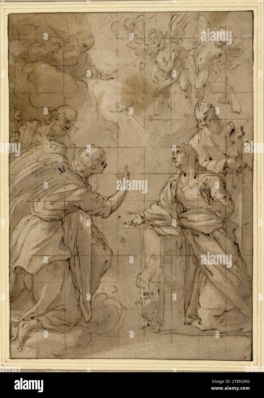 Annonciation, Anonyme, vénitien, avant 1600, dessin, plume et brun lavis, lignes de grille, 24,3 x 17,1 cm, r. et Duc Albert de Saxe-Teschen Albert de Saxe-Teschen Banque D'Images