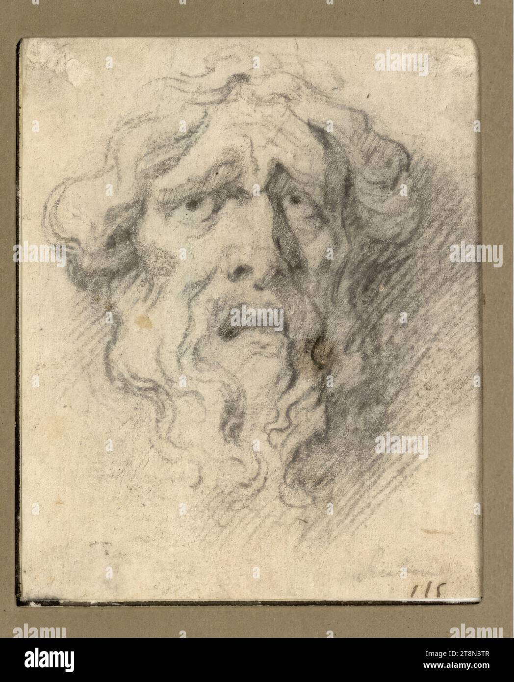 Tête d'un homme barbu avec une expression faciale souffrante, masque en visage, anonyme, dessin, craie noire, 10,2 x 8,3 cm, l.l. Duc Albert de Saxe-Teschen, r.r. 'Rubes' par une autre main Banque D'Images