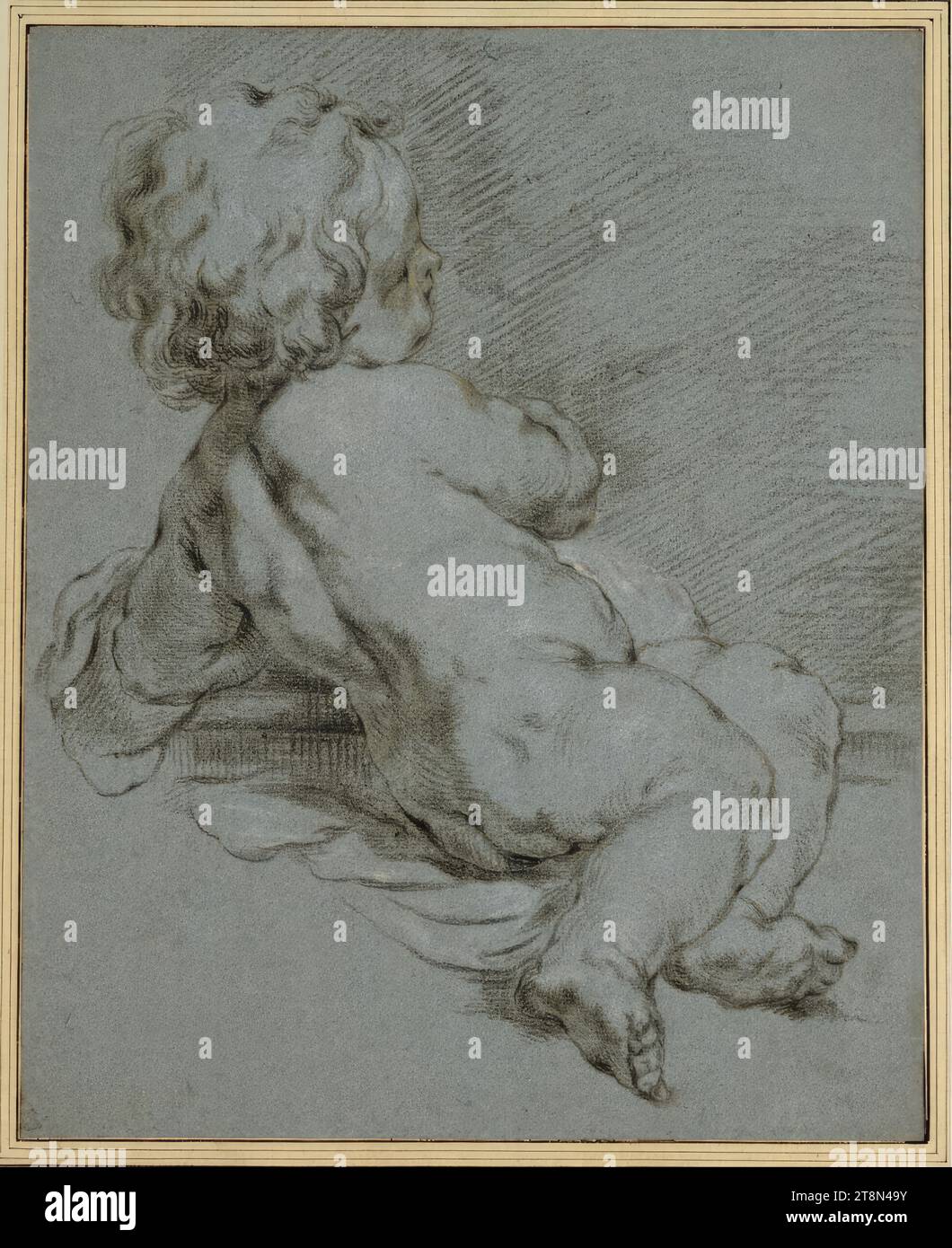 Étude d'un putto assis, de profil à droite, Pieter van mol (Anvers 1599–1650 Paris), dessin, crayon gras noir, rehaussé de craie blanche et crème, sur papier couché bleu ; Inscription : crayon graphite, 33,4 x 27,1 cm, l.l. Duc Albert de Saxe-Teschen, l.o. '18' (par la main de quelqu'un d'autre Banque D'Images