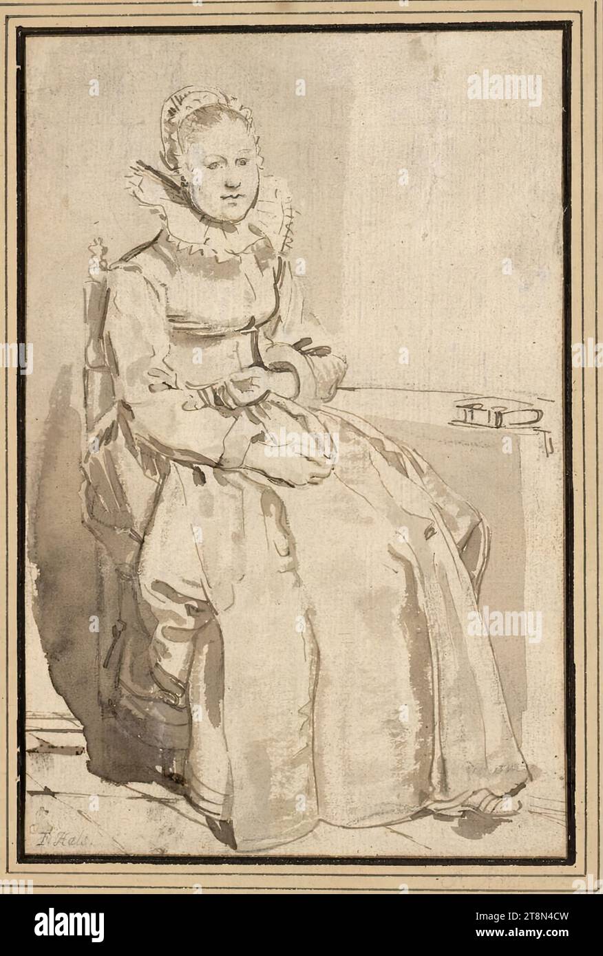 Femme assise avec bonnet et col debout, à côté d'elle un petit livre sur la table, Willem Pietersz. Buytewech (Rotterdam (vers) 1591/92 - 1624 Rotterdam), dessin, plume et encre en brun, gris-brun lavé, sur craie noire., 18,8 x 12,4 cm, l. et le duc Albert de Saxe-Teschen, inscrit à gauche. Ci-dessous par une autre main : 'F. Neck Banque D'Images