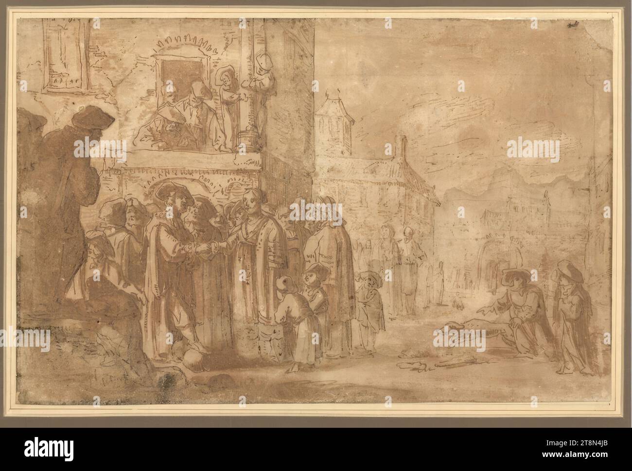 Fête de mariage juive devant la synagogue, le marié écrasant une cruche, Thomas Wyck (Beverwijk 1616/24 - 1677 Haarlem), dessin, plume et encre en brun, avec lavage brun, sur crayon graphite ; tramé à la craie noire ; saleté, abrasions et dégâts d'eau sur la gauche. bord et dans la zone inférieure. Le bouton RE. coin supérieur arraché., 18,5 x 28,6 cm Banque D'Images