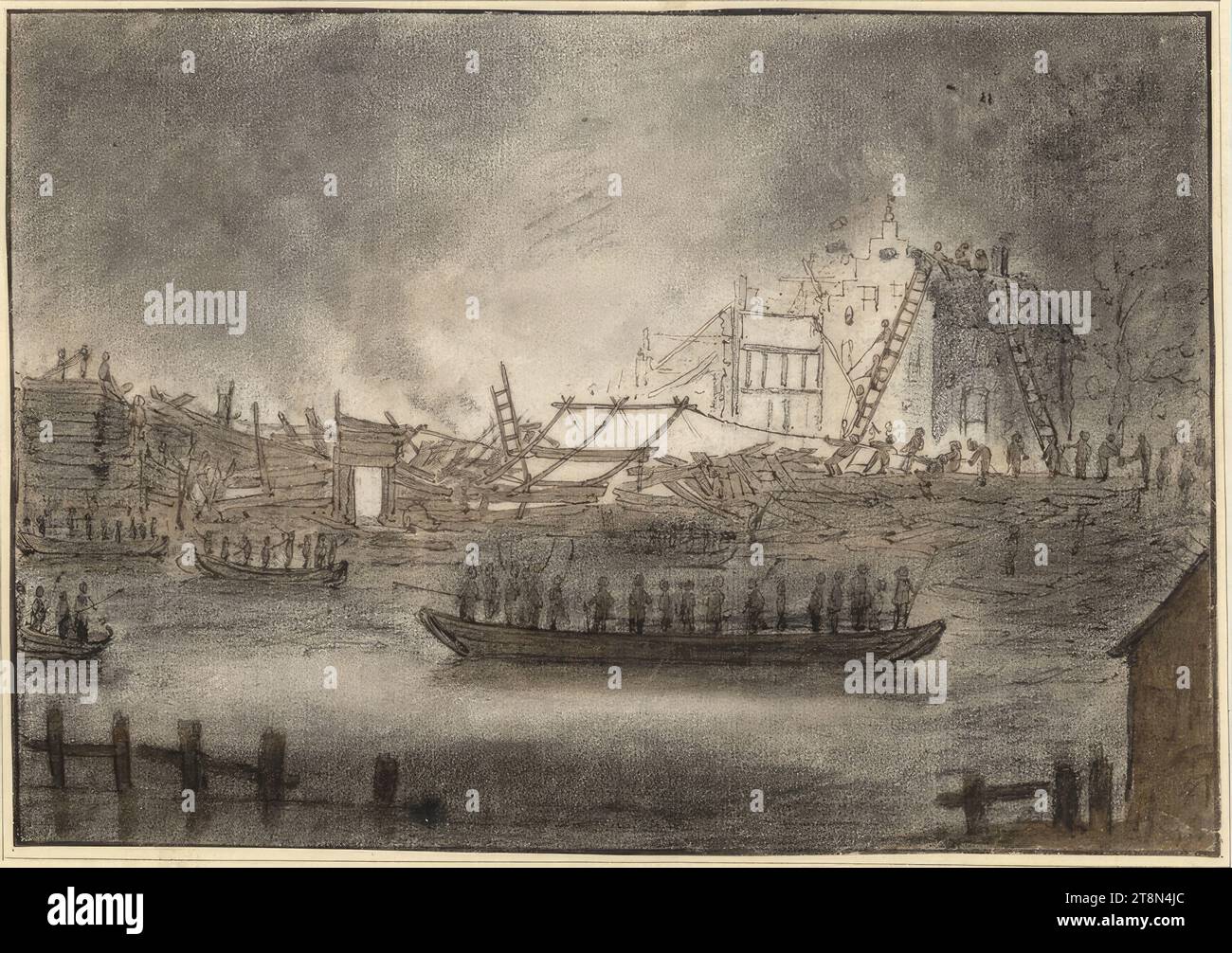 Conflagration nocturne sur un plan d'eau, Egbert Lievenz. Van der Poel (Delft 1621 - 1664 Rotterdam), dessin, craie noire, essuyé, stylo et pinceau en brun, lavé., 16,0 x 23,1 cm, l. et Duc Albert de Saxe-Teschen Banque D'Images