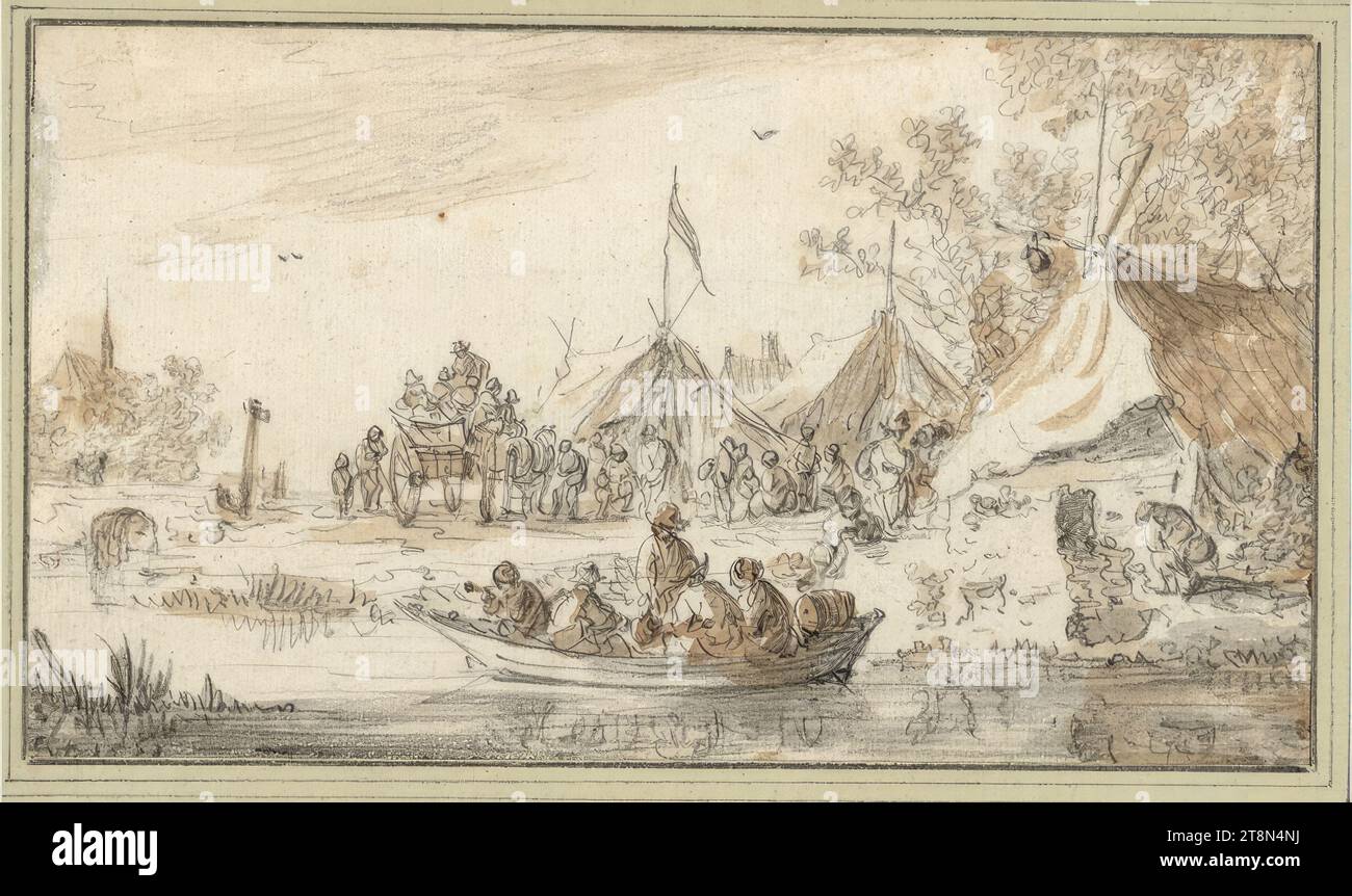 Camp de tentes au bord de l'eau, Jan Josefsz. Van Goyen (Leiden 1596 - 1656 la Haye), 1651, dessin, craie noire, lavis gris et brun., 11,2 x 19,5 cm, l. et Duc Albert de Saxe-Teschen Banque D'Images