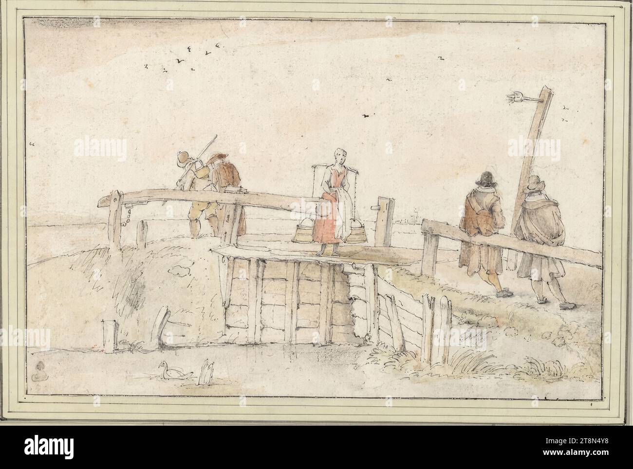 Pont en bois avec porteur de lait et voyageurs, dessin, plume et encre en gris, aquarelle, sur craie noire., 11,8 x 18,0 cm, l. et duc Albert de Saxe-Teschen Banque D'Images