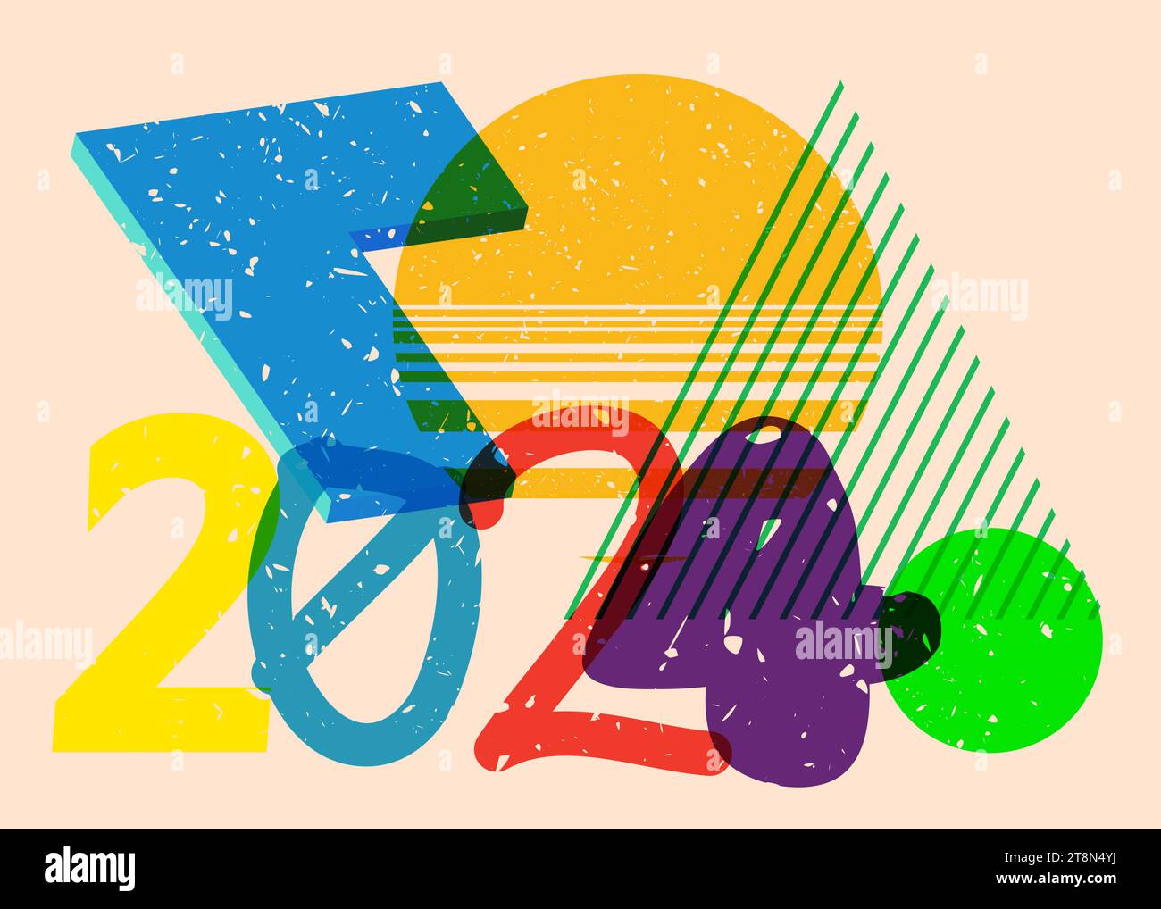 Risographe numéro 2024 avec des formes géométriques. Les objets dans le graphe riso tendance impriment la conception de style de texture avec des éléments géométriques. Illustration de Vecteur