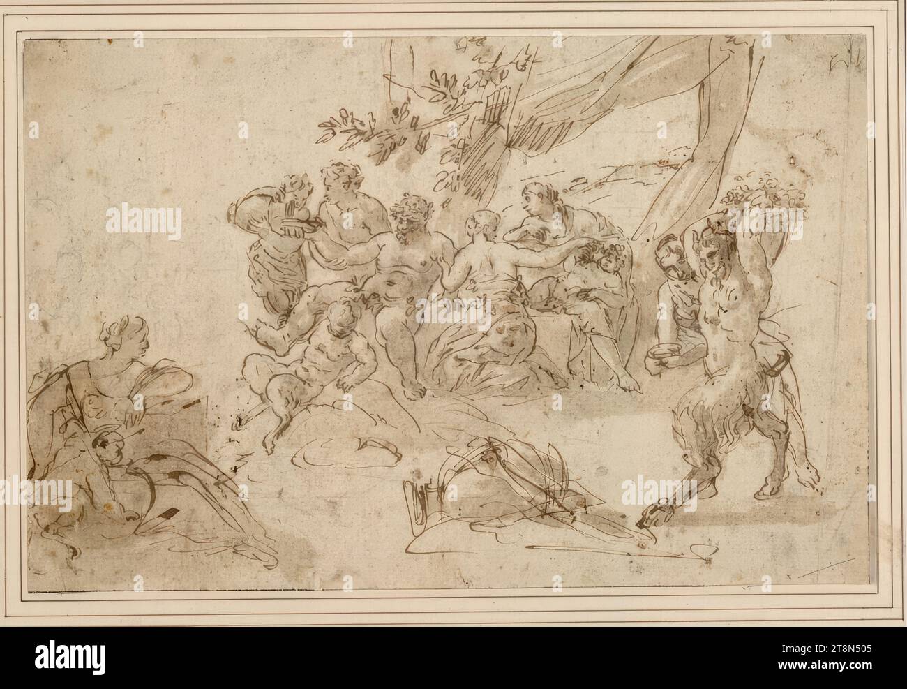 Scène Bacchic (festin avec satyres et nymphes), Justus van Egmont (Leiden 1601 - 1674 Anvers), dessin, plume et encre en brun, avec lavage brun, sur crayon graphite ; traces de craie rouge, petites corrections opaques. Pli vertical continu à droite. marge., 138 x 210 mm, à l'arrière gauche. Ci-dessous échantillons de plumes et inscription : 'Justus van Egmont Banque D'Images