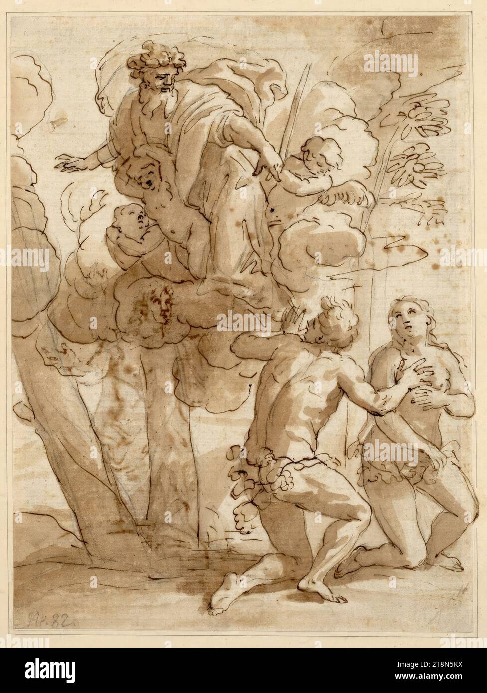 Adam et Ève après la chute. (Adam et Ève s'agenouillent à droite, se faisant face, et regardent Dieu le Père flottant sur un nuage à gauche), anonyme, dessinant, craie ; plume; lavée, 25,5 x 19,0 cm, l. l. Duc Albert de Saxe-Teschen, en bas à gauche 'N° 82.' ; verso : au-dessus de la vieille craie écrit 'Pietro da Cortone' ; 'N° 184' en craie en bas à gauche Banque D'Images Adam et Ève après la chute. (Adam et Ève s'agenouillent à droite, se faisant face, et regardent Dieu le Père flottant sur un nuage à gauche), anonyme, dessinant, craie ; plume; lavée, 25,5 x 19,0 cm, l. l. Duc Albert de Saxe-Teschen, en bas à gauche 'N° 82.' ; verso : au-dessus de la vieille craie écrit 'Pietro da Cortone' ; 'N° 184' en craie en bas à gauche Banque D'Images