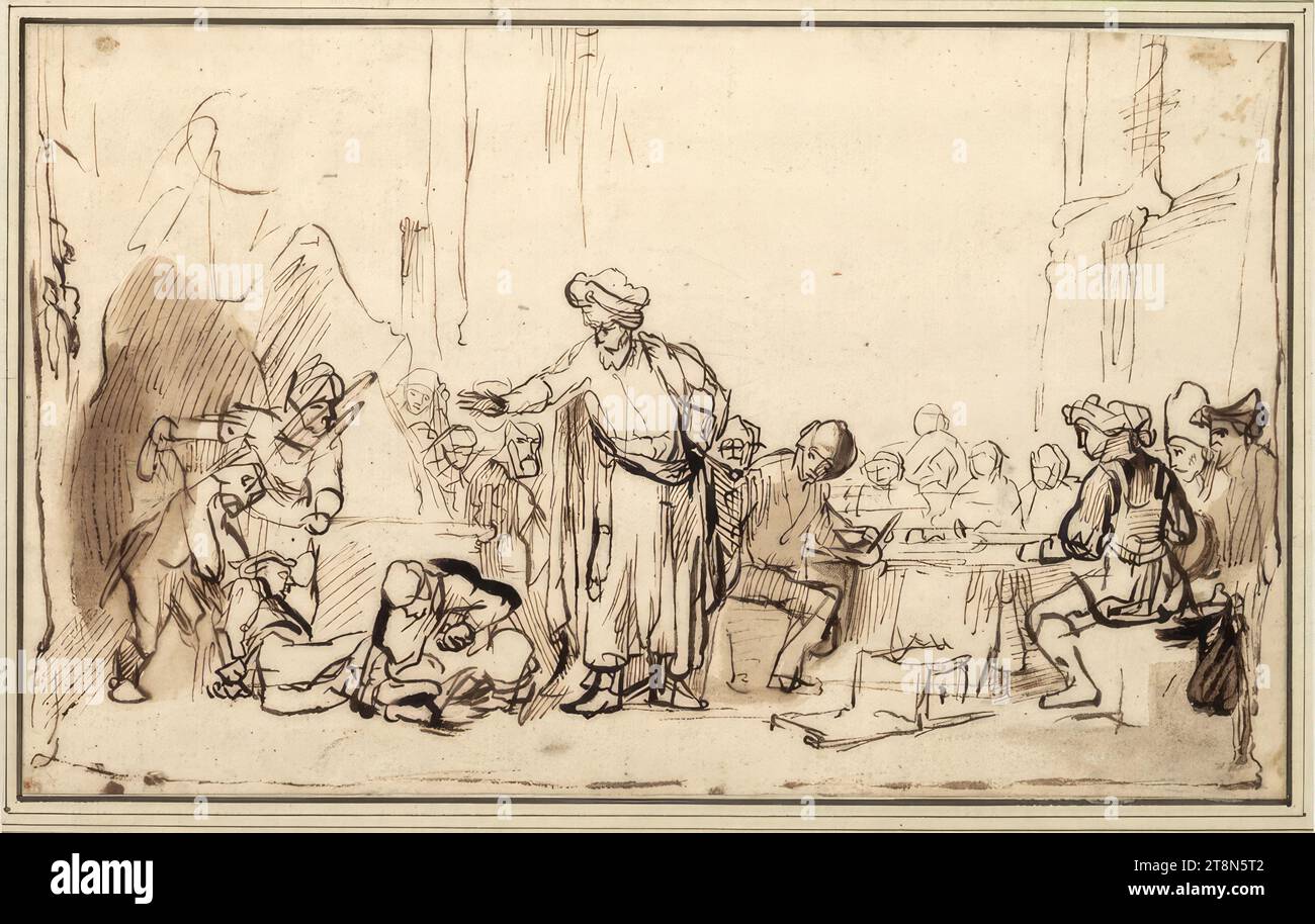 La parabole de l'invité de mariage indigne, Anonyme, fin des années 1640, dessin, stylo et encre brune, lavage brun, sur crayon graphite ; occasionnellement petites salissures verdâtres., 17,5 x 28,6 cm, l. l. Duc Albert de Saxe-Teschen Banque D'Images