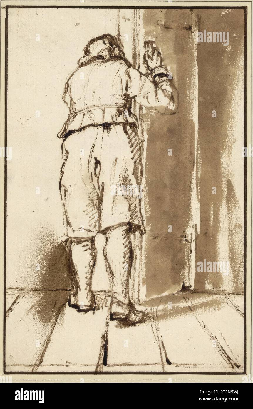 Figure masculine à l'arrière avec une porte à moitié ouverte, anonyme, vers 1650, dessin, stylo et encre en brun, brun lavis., 20,3 x 13,4 cm, l. l. Duc Albert de Saxe-Teschen Banque D'Images