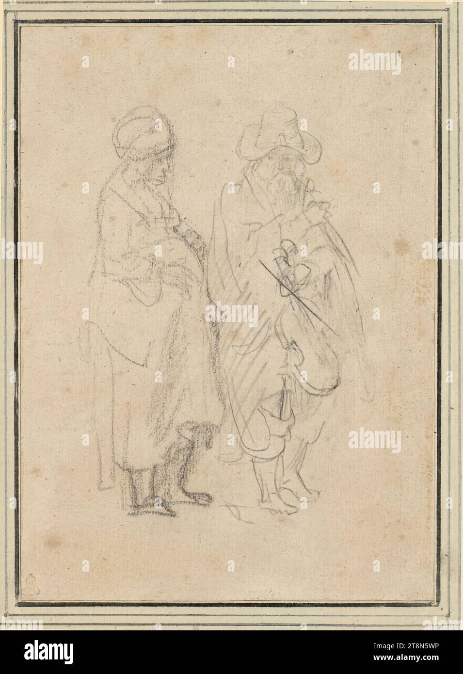 Debout femme enceinte et homme avec violon, anonyme, vers 1650, dessin, craie noire, 16,4 x 11,8 cm, l. l. Duc Albert de Saxe-Teschen Banque D'Images