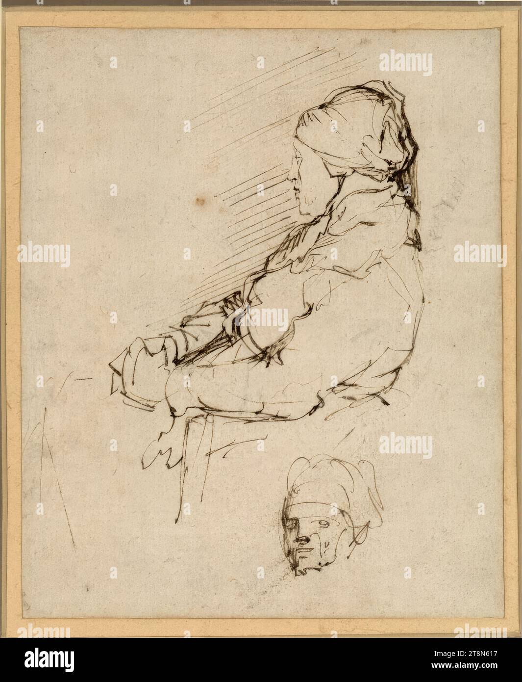 Femme assise de profil, mains serrées, Rembrandt Harmensz. Van Rijn (Leiden 1606 - 1669 Amsterdam), vers 1632-1634, dessin, plume et encre brune, 16,6 x 13,7 cm, l. l. Duc Albert de Saxe-Teschen Banque D'Images