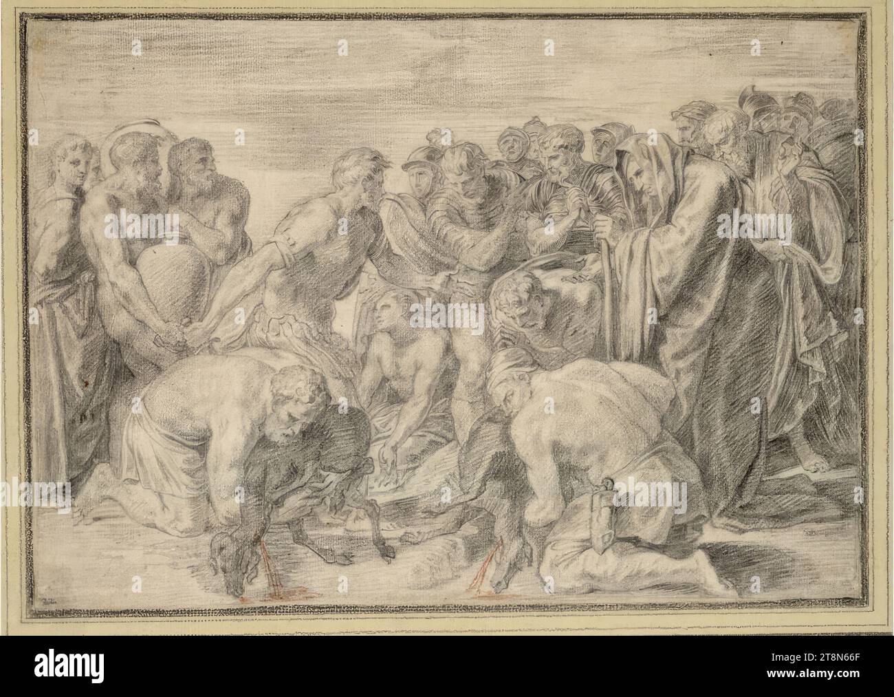 Ulysse sacrifie à Hadès et garde les morts du sang des animaux sacrificiels avec une épée levée, dessin, craie noire, sanguine. Légère souillure brunâtre dans les coins supérieurs, 22,7 x 31,9 cm, l. l. Duc Albert de Saxe-Teschen, numéroté à gauche. ci-dessous dans une main inconnue avec un crayon graphite : '22 Banque D'Images