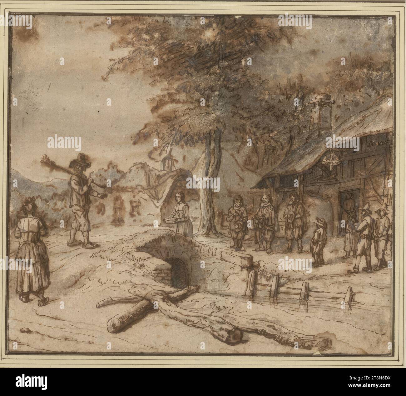 Rue du village avec scène d'accueil, Lambert Doomer (Amsterdam 1624 - 1700 Amsterdam), c. 1692, dessin, plume et encre en brun, brun et gris lavage, tempera ; abrasions, saleté et taches dans plusieurs endroits; petit défaut à droite au bord inférieur., 19,5 x 22,2 cm, l. et le duc Albert de Saxe-Teschen, signé à droite. Marge au-dessus du centre : 'Domer f Banque D'Images