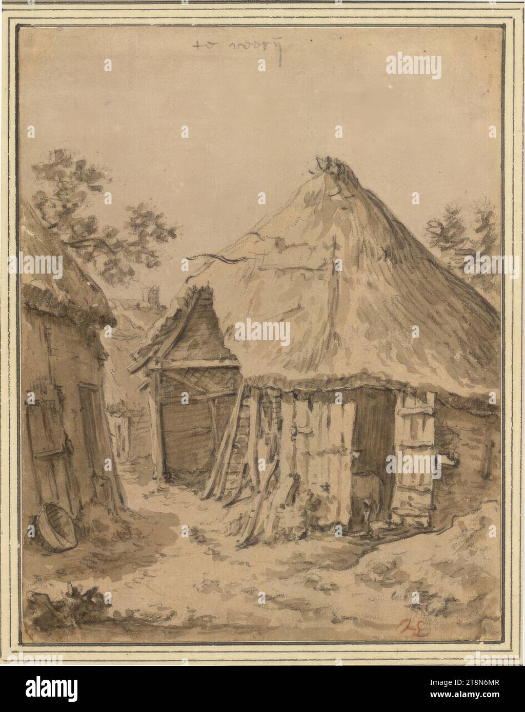 Une écurie de chaume, Herman Saftleven (Rotterdam 1609–1685 Utrecht), dessin, craie noire, pinceau et lavis brun, blanc opaque, sur papier brun ; le dessin sur la base a été ajouté aux coins inférieurs déchirés ; plis dans les coins supérieurs et à gauche. Marge., 19,6 x 15,3 cm, inscrit ci-dessus à la craie noire : 'te REE...' (reeten ? reeth ?) . monogr. re. Ci-dessous avec de la craie rouge (manuscrite?) : 'SL' (connecté Banque D'Images