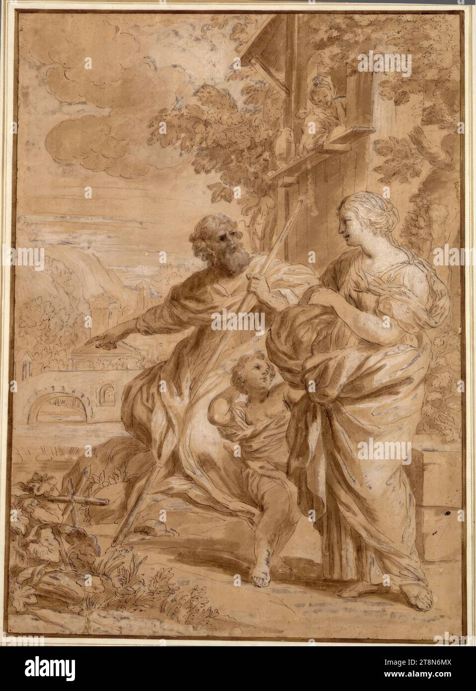 Répudiation du Hagar. (Au premier plan à droite est Agar avec Ismaël ; Abraham est assis devant la porte de sa maison et pointe vers Sara, qui regarde par la fenêtre pendant qu'il parle à Agar), anonyme, dessinant, plume ; lavé; rehaussé de blanc ; oxydé ; papier brun, 43,5 x 31,8 cm, l.l. Duc Albert de Saxe-Teschen Banque D'Images