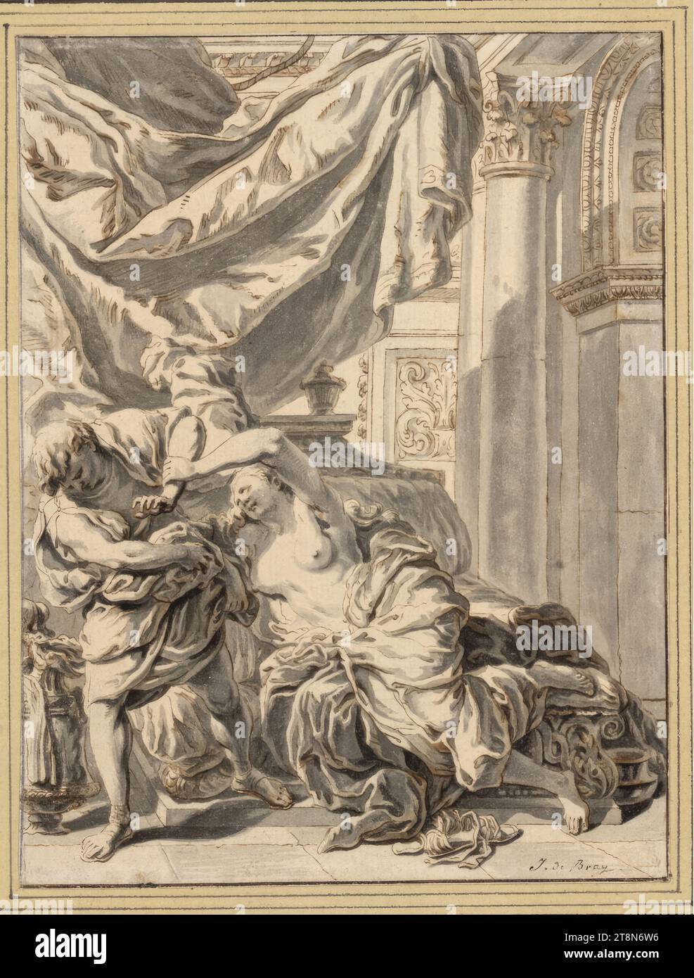 La femme de Joseph et Potiphar, Jan de Bray (Haarlem 1626/27–1697 Amsterdam), dessinant, plume et encre brune, pinceau gris, et lavis gris ; marge originale avec plume en brun, à gauche rogné. Marge complétée par un crayon graphite., 19,0 x 14,5 cm, r. et le duc Albert de Saxe-Teschen, inscrit à droite. Ci-dessous par une autre main : 'J. i.e. Bray Banque D'Images