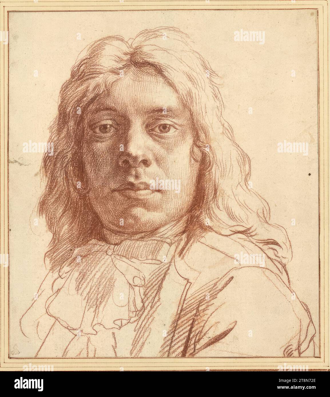 Buste d'un homme noble aux cheveux longs, Leendert van der Cooghen (Haarlem 1632 - 1681 Haarlem), dessin, craie rouge ; sur le bord gauche déchiré au milieu., 21,5 x 19,0 cm, l. et le duc Albert de Saxe-Teschen, cf. Dessin de Cooghen à Berlin (Bock-Rosenberg, no. 2877, planche 81), selon E. Knab la représentation de la même personne (carton et cahier note Banque D'Images