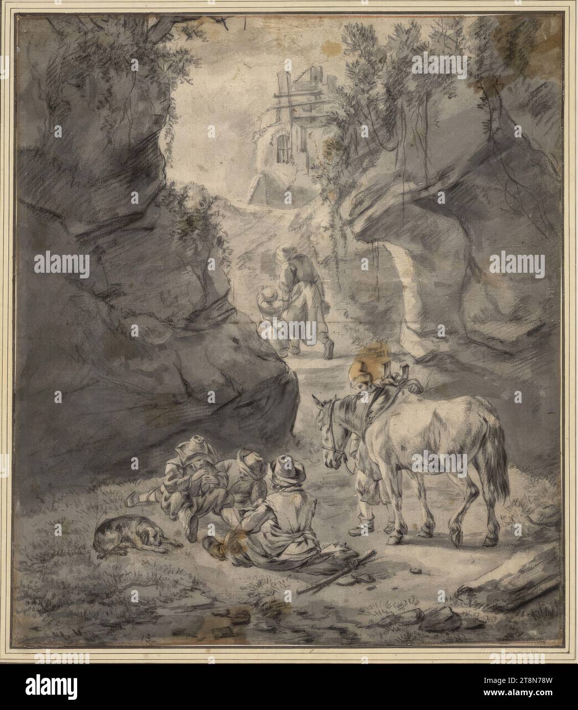 Hommes reposant entre des rochers avec un cheval de trait, en arrière-plan une femme avec un enfant, Hendrick Verschuring (Gorkum 1627 - 1690 Dordrecht), dessin, craie noire, pinceau et gris, lavage gris. Ligne de marge à la craie rouge ; traces d'un pli horizontal ; taches brunes et dégâts en plusieurs endroits., 33,6 x 29,2 cm, l. l. Duc Albert de Saxe-Teschen, numéroté à gauche. ci-dessous par une autre main avec le stylo : '13 Banque D'Images