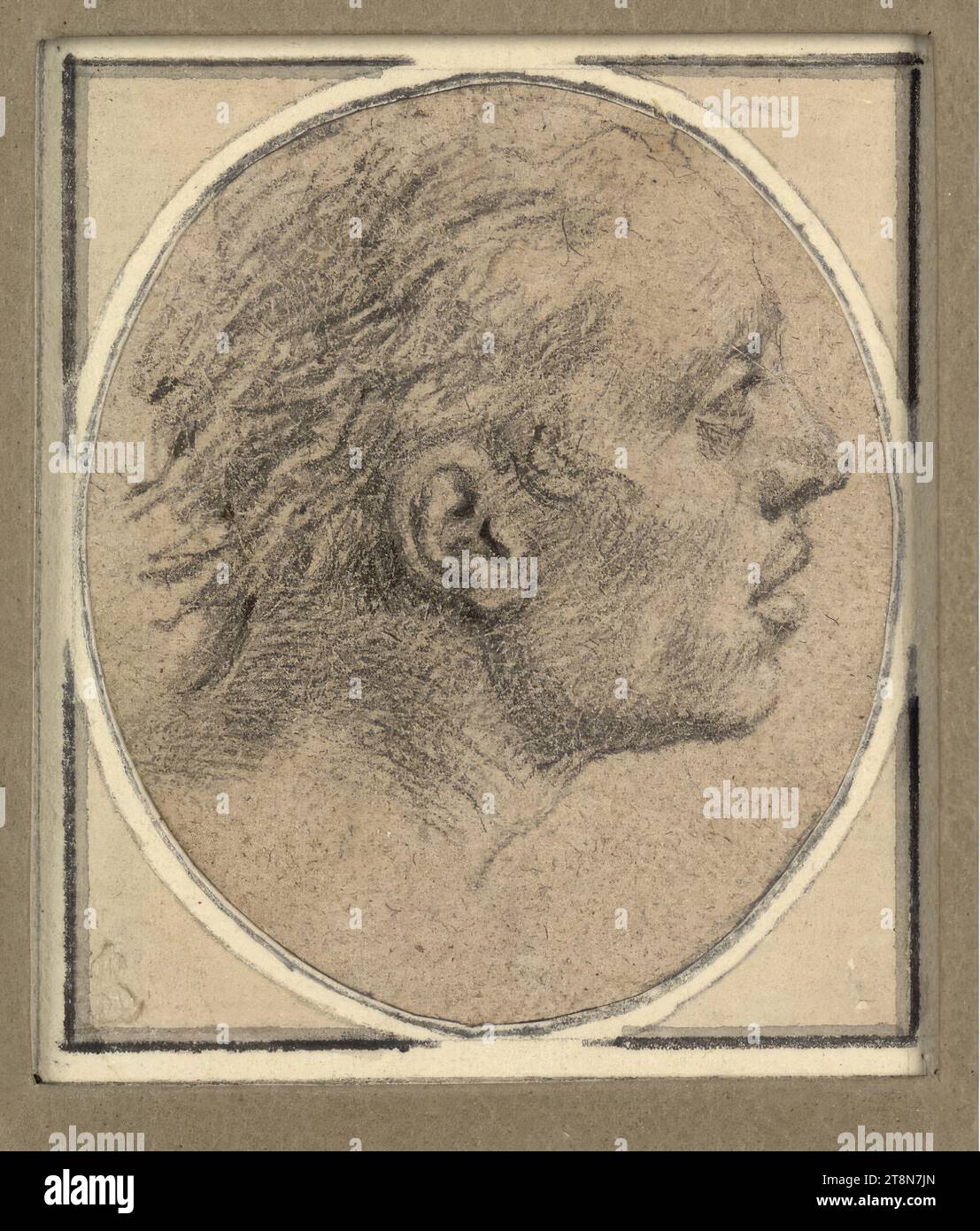 Tête mâle avec une expression d'étonnement, de profil à droite, Gabriel Metsu (Leiden 1629–1667 Amsterdam), dessin, craie noire, sur papier gris clair brunâtre ; coupe ovale., 7,0 x 6,0 cm, l. et duc Albert de Saxe-Teschen Banque D'Images