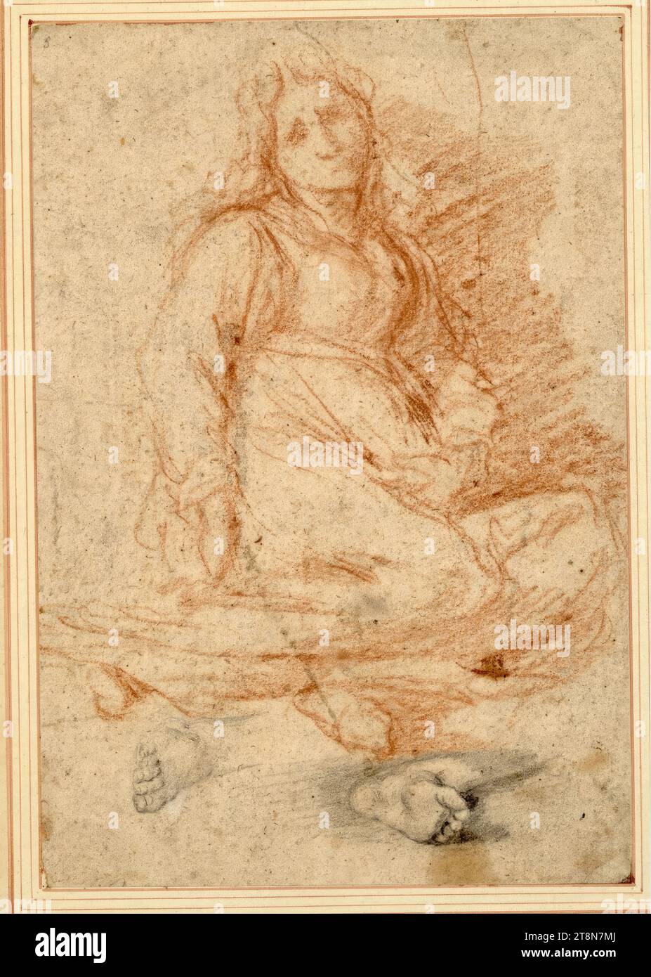 Une femme est assise sur le sol, tournée vers la droite ; les pieds devant encore esquissés, Francesco Montelatici dit Cecco Bravo (Italie, 1601 - 1661), dessin, craie rouge ; craie, 25,0 x 17,0 cm, l.l. Duc Albert de Saxe-Teschen, en haut à gauche '5 Banque D'Images