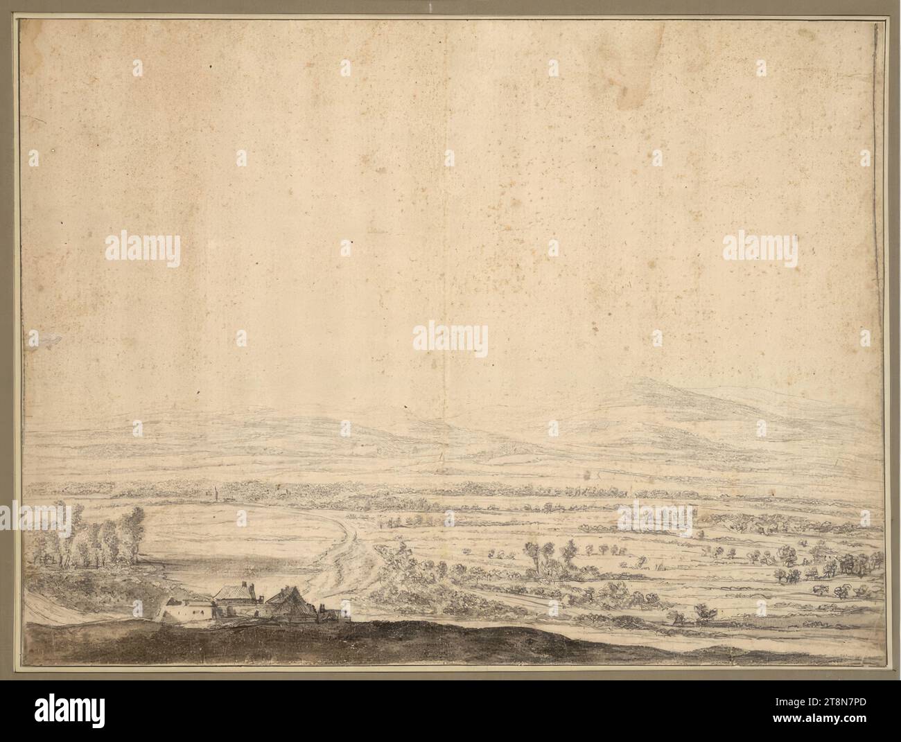 Paysage panoramique avec une chaîne de collines à l'horizon, Anthonie Waterloo (Lille 1609 - 1690 Utrecht), dessin, craie noire, lavis gris et brun ; renard ; restes de la ligne de marge originale en craie noire ; traces d'un pli vertical; plis en plusieurs endroits., 36,1 x 48,5 cm, l. et Duc Albert de Saxe-Teschen, numéroté à gauche. ci-dessus avec crayon graphite : '45 Banque D'Images