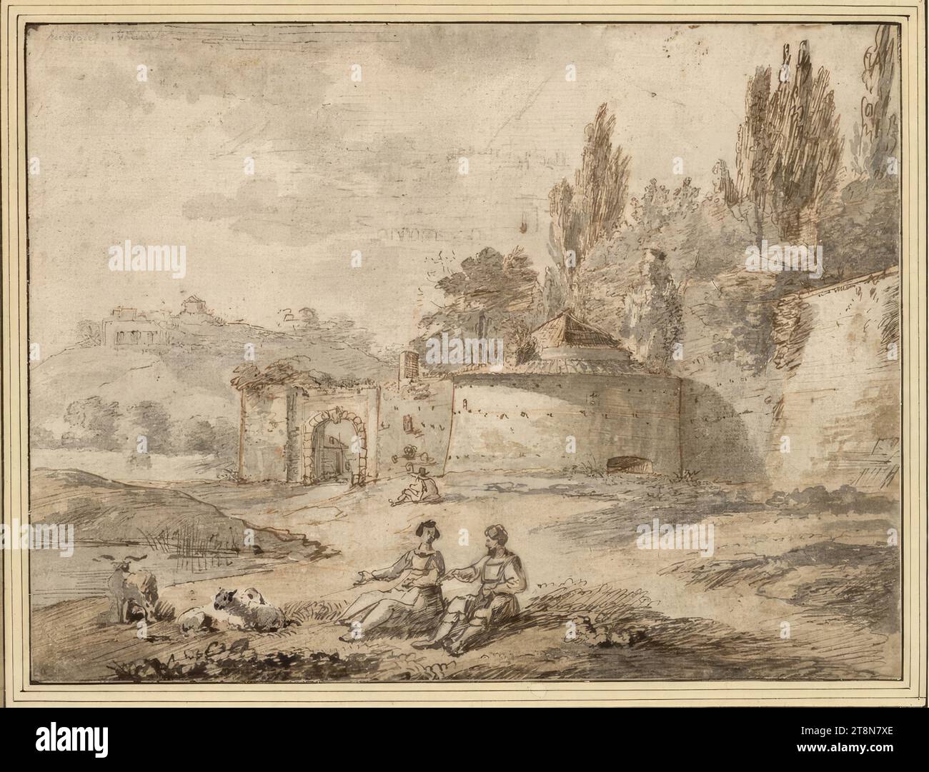 Paysage méridional avec un ancien mur de fortification et une paire de bergers assis, Herman van Swanevelt (Woerden près d'Utrecht vers 1600 - 1655 Paris), dessin, plume et encre en brun, brun et gris verdâtre, sur craie rouge., 19,3 x 25,6 cm, l.b. Duc Albert de Saxe-Teschen, inscrit à gauche. Ci-dessus dans une main inconnue avec un crayon graphite : 'herman Swanevelt Banque D'Images