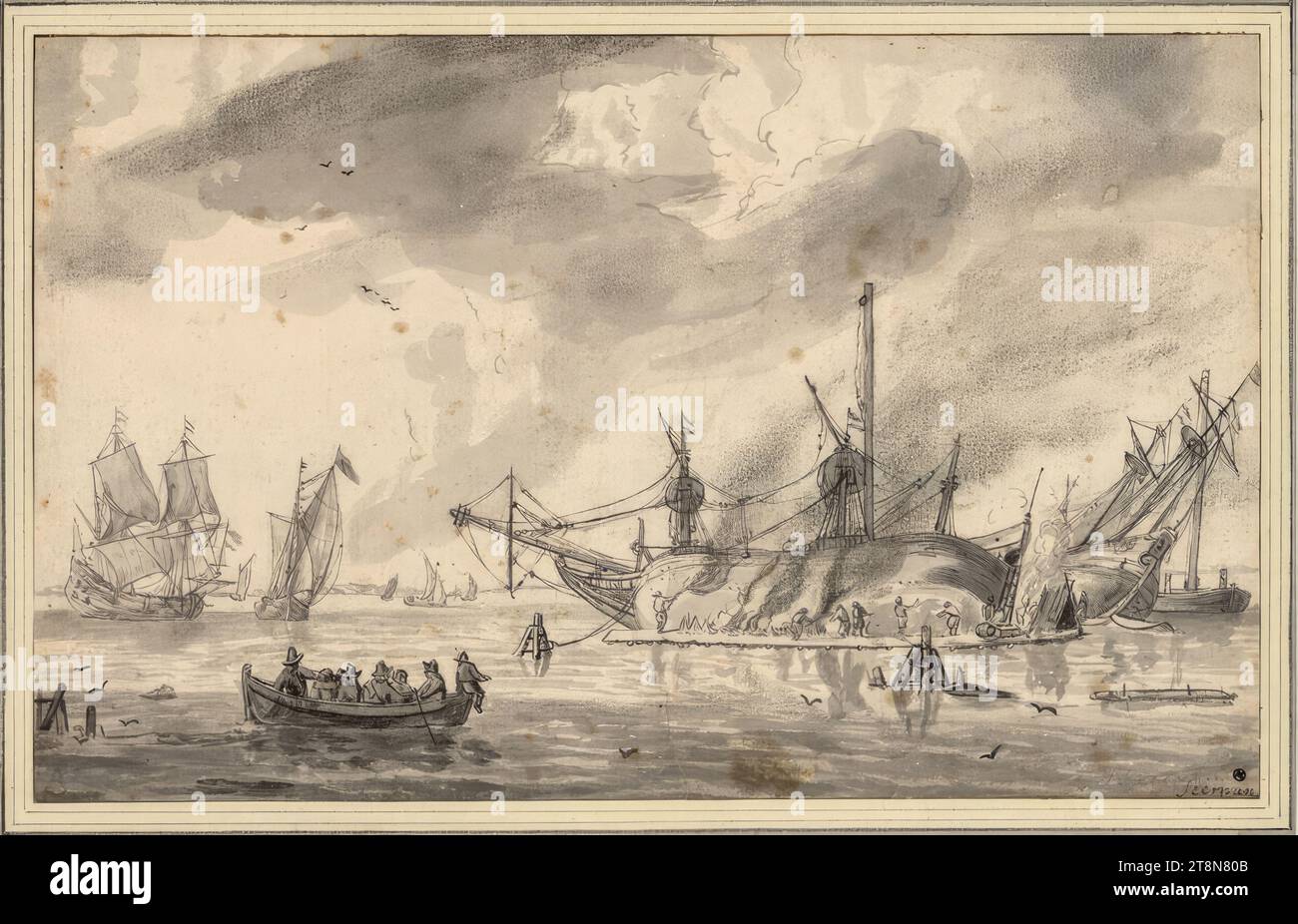 Navires à l'ancre et calfeutrage dans le quai, Anonyme, dessin, brosse et gris noir et gris, lavage gris, craie noire. Foxing ; centre déchiré., 18,8 x 30,2 cm, r.r. Mariette, l.b. Duc Albert de Saxe-Teschen, inscrit (signé?) exact. Ci-dessous : 'R zeeman'. Inscrit à côté d'elle dans un stylo brun (même que la marge) par une main inconnue : 'Seeman Banque D'Images
