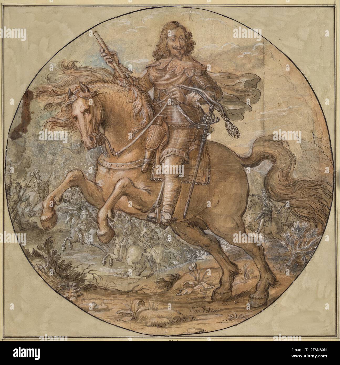 Portrait équestre de Ferdinand III, Anselmus von Hulle (pays-Bas, 1601 - après 1674), dessin, crayon sanguin et graphite ; stylo et pinceau avec lavis brun, brun (rougeâtre à jaunâtre par endroits) et gris (verdâtre par endroits), rehaussé et corrigé avec du blanc opaque ; sur papier découpé en cercle ; traces d'un pli croisé; deuxième traces verticales de plis à droite. Zone ; nombreux plis et plis dans les zones de bordure ; tache brun foncé allongée sur la gauche. Marge, 39,8 x 39,8 cm, en dessous du bas Duc Albert de Saxe-Teschen Banque D'Images