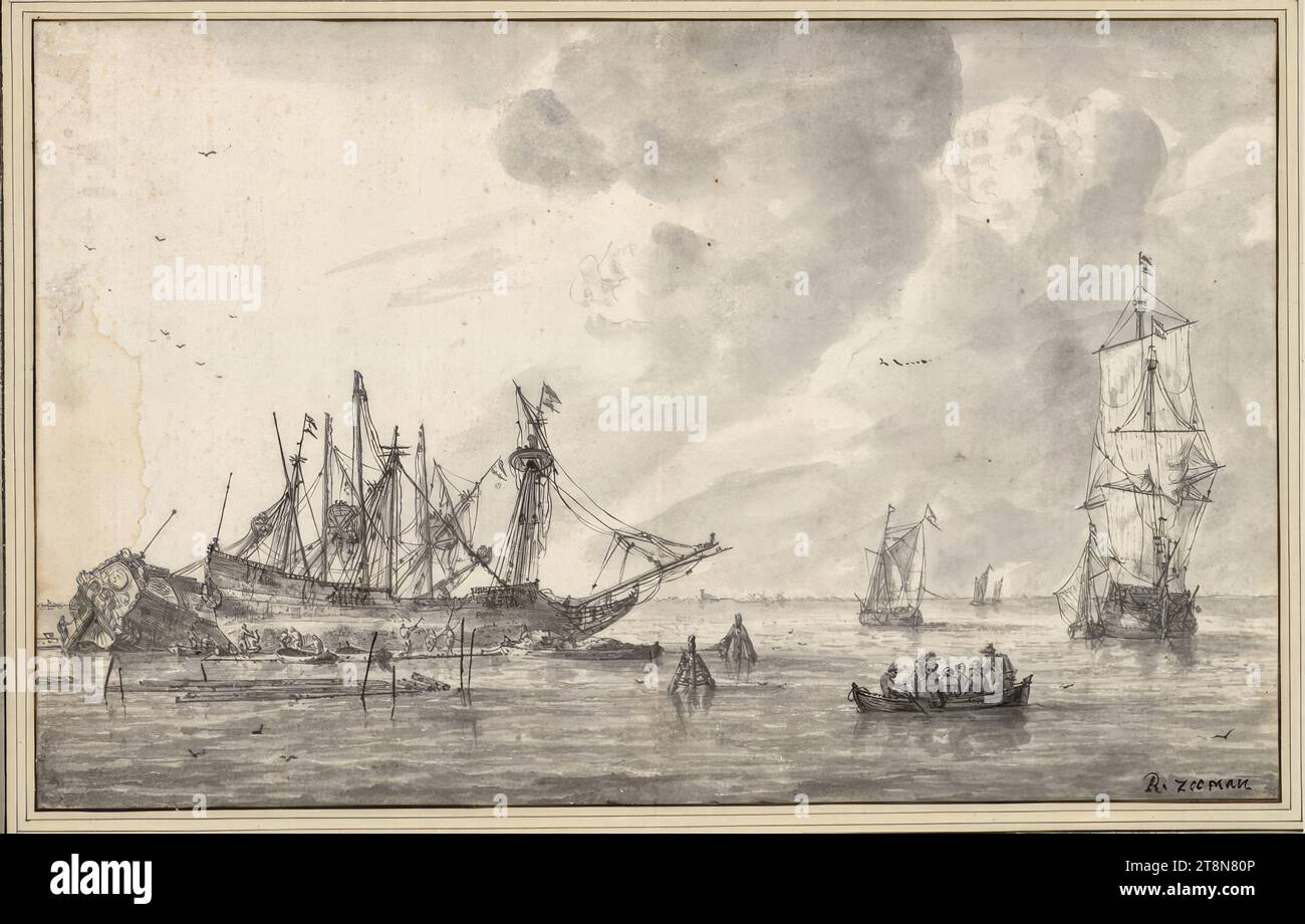Mer calme avec deux navires dans le quai, Reinier Nooms, appelé Zeeman (Amsterdam c. 1623 - 1664 Amsterdam), dessin, pinceau et gris, lavage gris, sur crayon graphite. Traces d'un pli vertical ; léger dégât d'eau sur la gauche. marge., 19,3 x 30,5 cm, signé à droite. Ci-dessous : 'R. Zeeman Banque D'Images