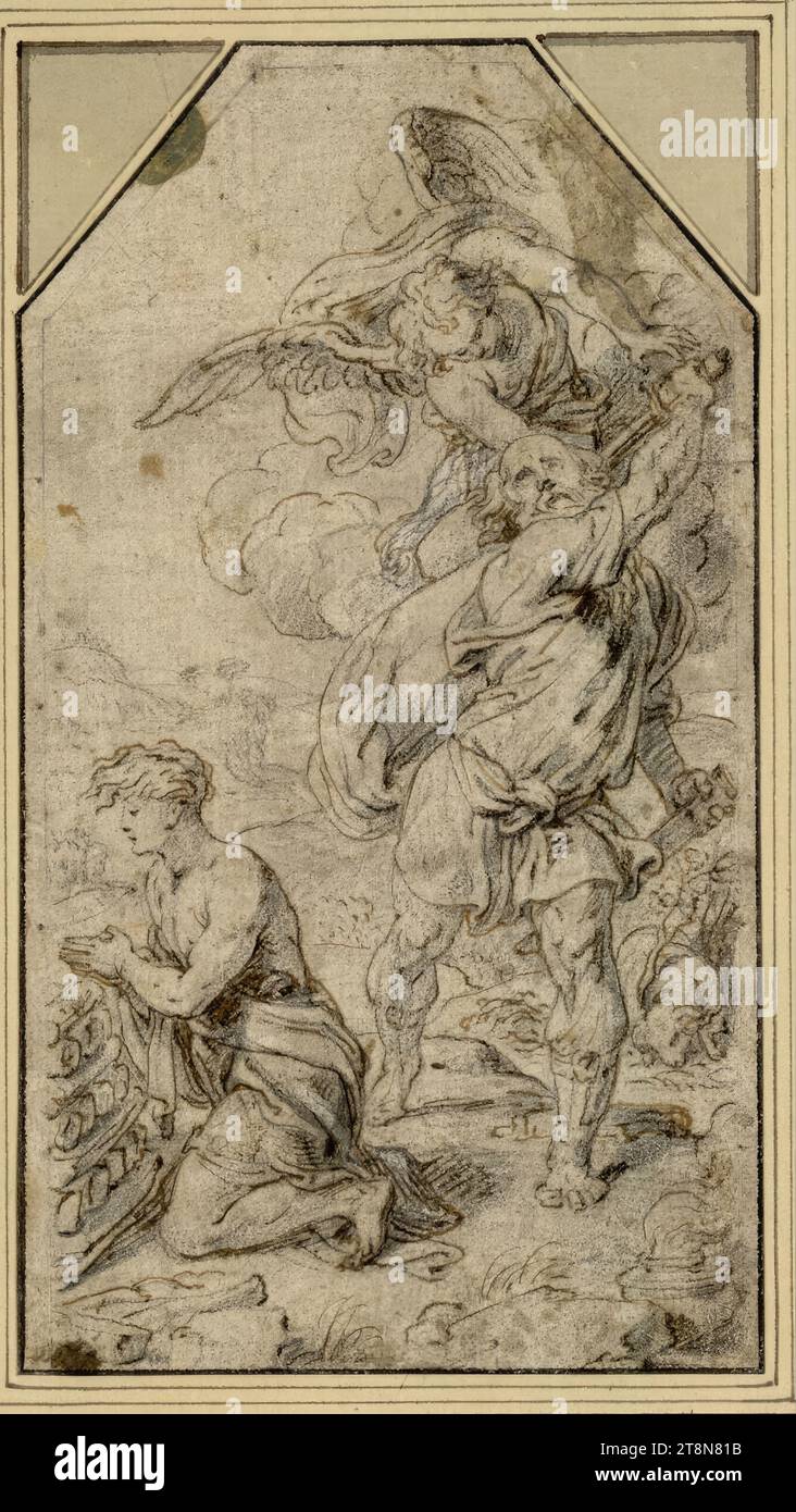 Le sacrifice d'Abraham, Abraham van Diepenbeeck (s'Hertogenbosch 1596 - 1675 Anvers), dessin, craie noire, plume et plume brune, traces de blanc opaque, sur papier découpé à une forme polygonale au sommet, la ligne de bord intérieure dessinée au crayon graphite; très souillé par diverses taches, en particulier sur les bords inclinés et à gauche. Au bord inférieur, 21,5 x 12,0 cm, l.l. Duc Albert de Saxe-Teschen Banque D'Images