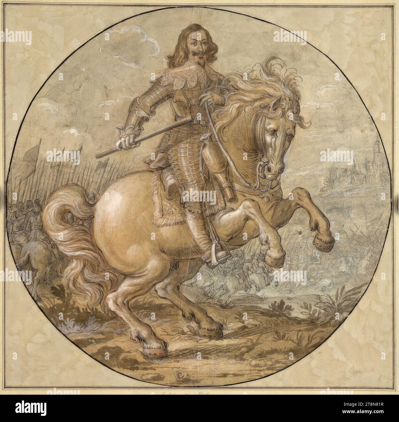Portrait équestre, Anselmus von Hulle (pays-Bas, 1601 - après 1674), dessin, sang et crayon graphite ; stylo et pinceau en brun, jaune-brun et gris bleuâtre, rehaussé et corrigé de blanc opaque ; sur papier découpé en cercle ; traces d'un pli croisé ; plusieurs plis et plis sur les bords; taches plus petites, partiellement grattées sur la droite. Zone de marge, 39,3 x 39,8 cm, sous le bas Duc Albert de Saxe-Teschen Banque D'Images
