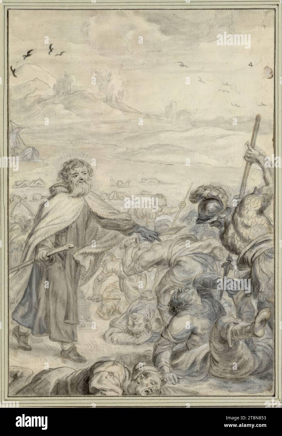 Elias fait massacrer les prêtres de Baal (11), vie et miracles du prophète Elias (41 gravures), Abraham van Diepenbeeck (s'Hertogenbosch 1596 - 1675 Anvers), dessin, crayon graphite, plume brune, craie noire, lavage gris et gris-brun, blanc opaque, doigts ; petite souillure brune en haut à droite. Marge, 27,8 x 19,0 cm, b.r. Duc Albert de Saxe-Teschen Banque D'Images