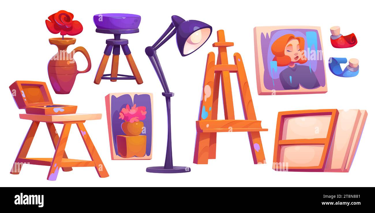 Éléments de conception de studio d'art ensemble isolé sur fond blanc. Illustration vectorielle de dessins animés de portraits et de natures mortes sur toile, chevalet en bois, tabouret et lampe, fleur en vase, atelier d'artiste Illustration de Vecteur