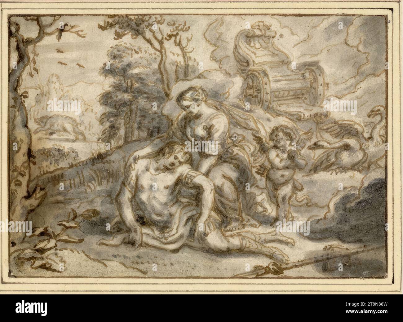 Vénus pleure pour Adonis, Abraham van Diepenbeeck (s' Hertogenbosch 1596 - 1675 Anvers), dessin, stylo brun, pinceau gris, lavage gris, traces de craie noire ; tache brune grise saccagée sur la gauche. Marge, 9,6 x 13,9 cm, l. l. Duc Albert de Saxe-Teschen Banque D'Images