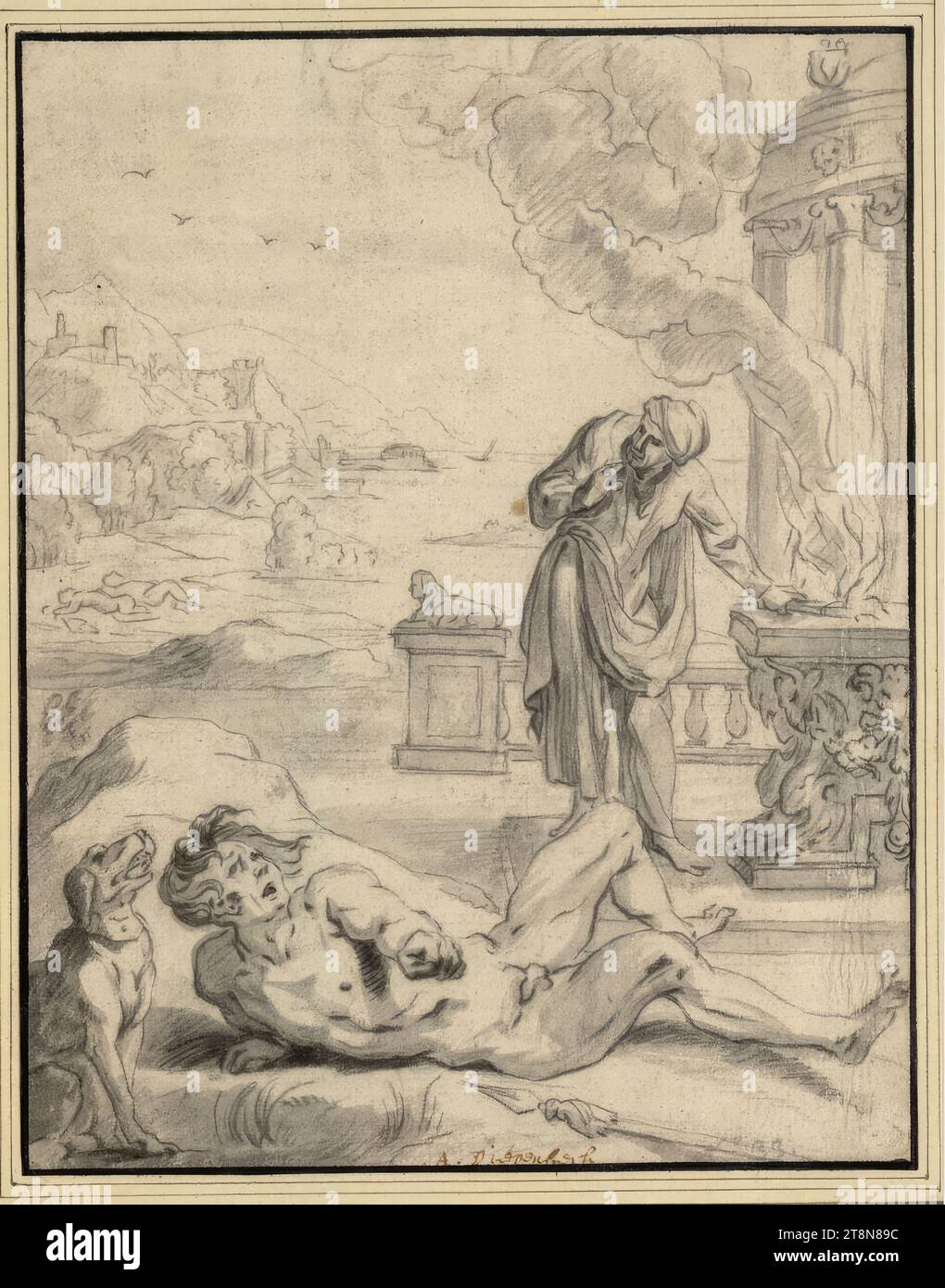 La mort de Meleager, Abraham van Diepenbeeck (s'Hertogenbosch 1596–1675 Anvers), dessin, craie noire, lavis gris ; plis verticaux continus à droite. Marge, 24,5 x 19,3 cm, b.r. Duc Albert de Saxe-Teschen, centre inférieur d'une autre main, avec un stylo en brun : 'A. Diepenbeck'. Numéroté à droite avec crayon graphite : 'N° 33 Banque D'Images