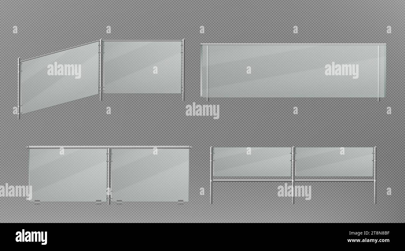 Mains courantes en verre ensemble isolé sur fond transparent. Illustration réaliste vectorielle de barrière en plastique 3D, balustrade d'escaliers pour la maison ou le bureau design d'intérieur, clôture en plexiglas sur poteaux métalliques Illustration de Vecteur