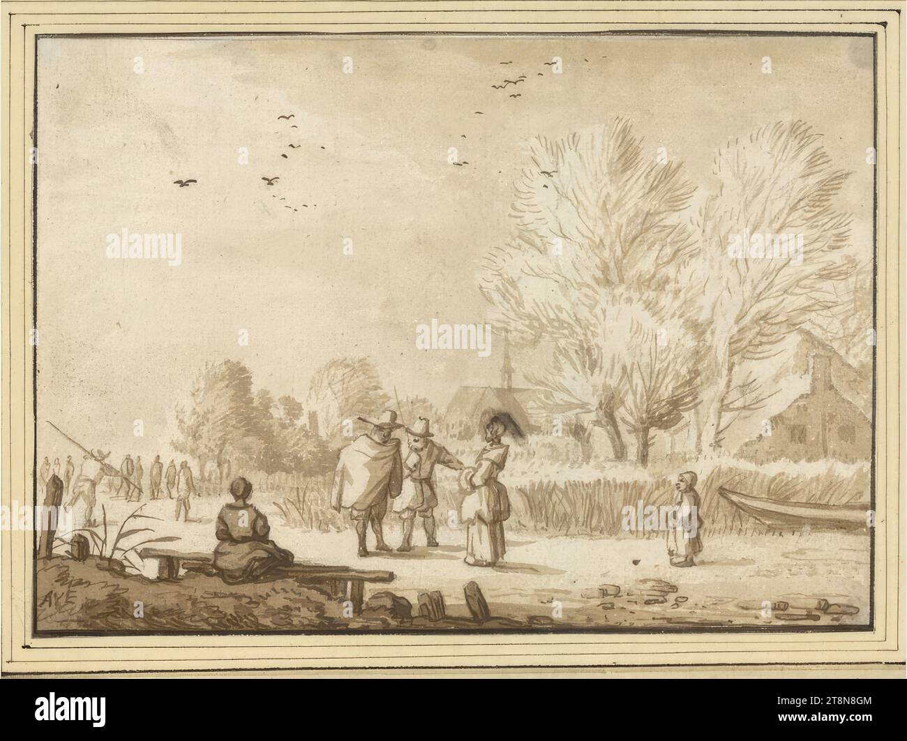 Paysage hivernal avec marcheurs et patineurs sur la glace d'un canal, Allart van Everdingen (Alkmaar 1621 - 1675 Amsterdam), dessin, plume en brun, avec lavage brun, sur crayon graphite . Plis verticaux continus sur la gauche. Marge., 11,9 x 16,6 cm, l. l. Duc Albert de Saxe-Teschen Banque D'Images