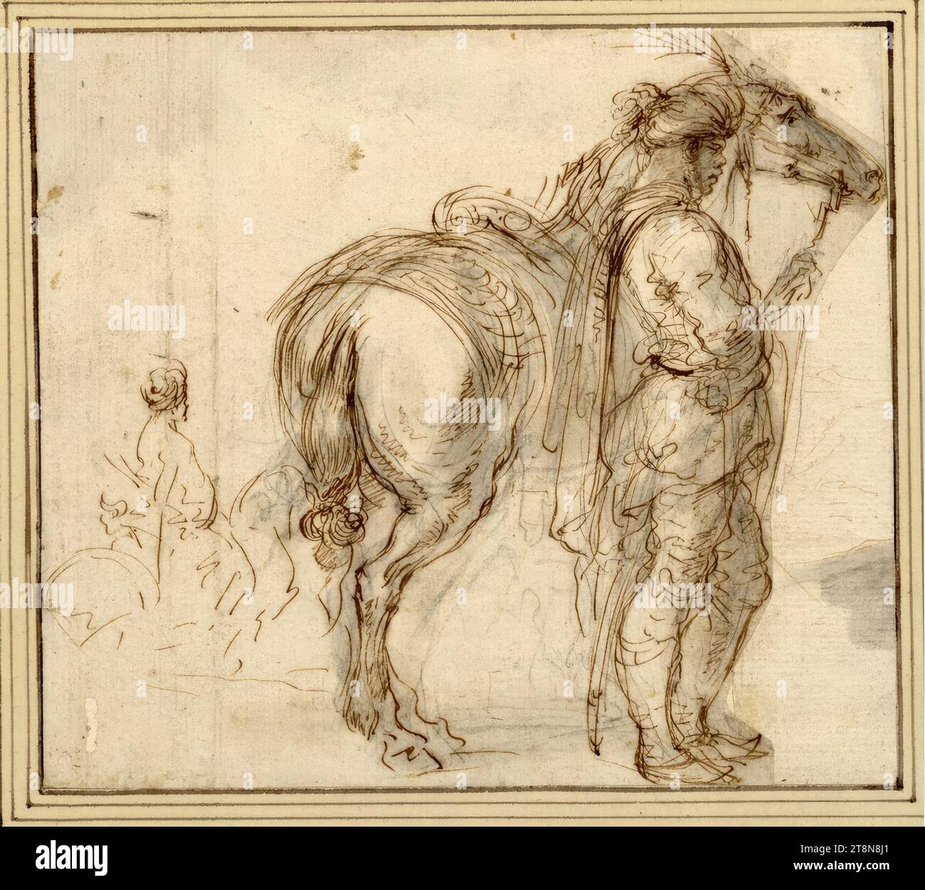 Une lande avec un cheval sur la bride et croquis d'un cavalier polonais, Stefano della Bella (Florence 1610 - 1664 Florence), dessin, craie, plume, lavage gris, 13,8 x 15,7 cm, l. l. Duc Albert de Saxe-Teschen Banque D'Images