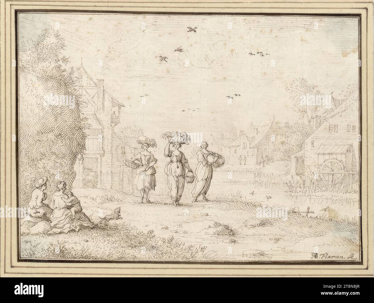 Village au bord de l'eau avec une famille assise et trois porteurs de paniers (II-3), '2d Livre de dessin' avec 50 feuilles, Albert Flamen (Bruges c. 1620 - après 1693 Paris), dessin, plume et encre en brun, 10,3 x 14,1 cm, l. et duc Albert de Saxe-Teschen Banque D'Images