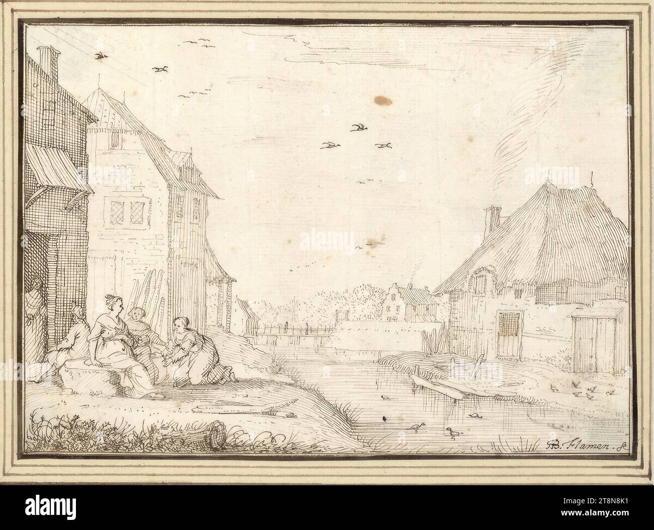 Maisons par une eau et des femmes assises (II-2), '2d Livre de dessin' avec 50 feuilles, Albert Flamen (Bruges c. 1620 - après 1693 Paris), dessin, plume et encre en brun, 10,3 x 14,5 cm Banque D'Images