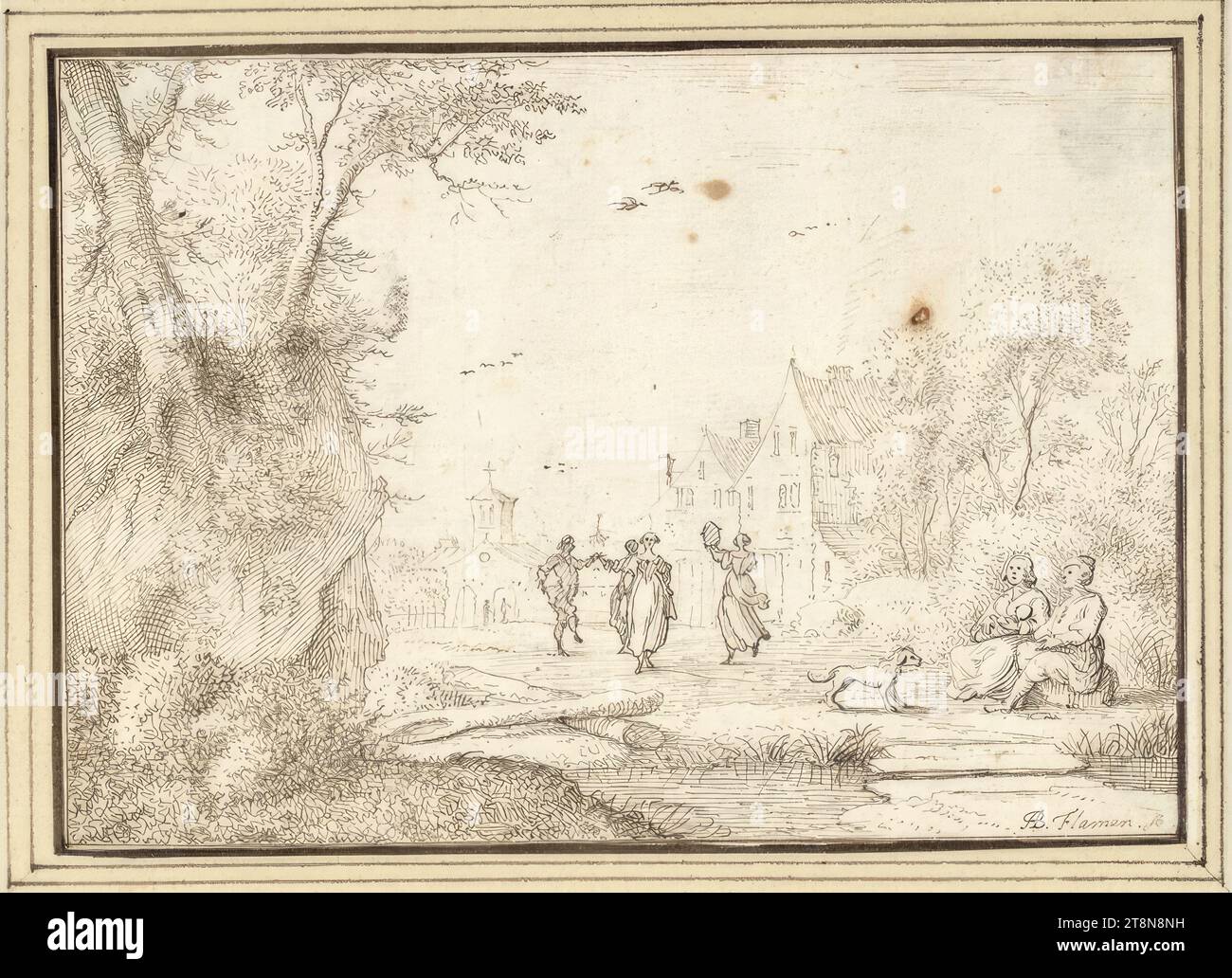 Famille assise par un ruisseau et quatre figures dansantes (II-10), '2d Livre de dessin' avec 50 feuilles, Albert Flamen (Bruges c. 1620 - après 1693 Paris), dessin, plume et encre en brun ; laissé un petit trou souillé brun., 10,3 x 14,4 cm Banque D'Images