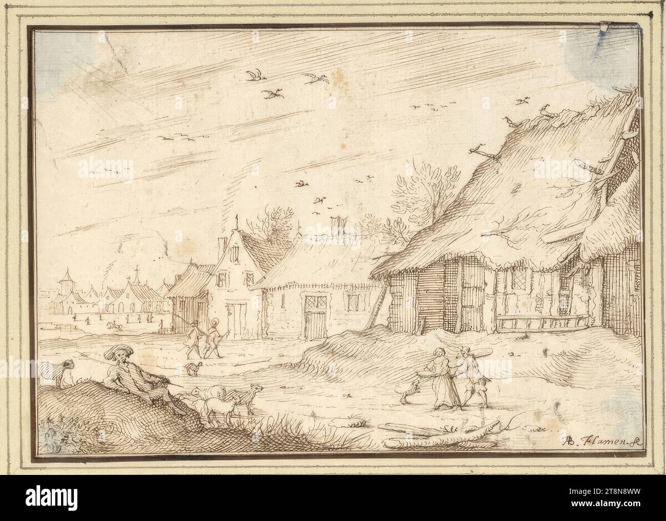 Route en bordure du village avec berger assis (III-37), '3e Livre de dessin de AB. Flamen 'à 50 feuilles, Albert Flamen (Bruges c. 1620 - après 1693 Paris), dessin, plume et encre brune ; dans le coin supérieur droit abîmé et bleu souillé de l'arrière., 10,4 x 14,5 cm, l. et le duc Albert de Saxe-Teschen Banque D'Images