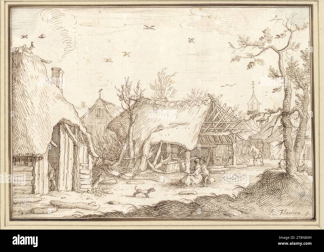 Périphérie d'un village avec une cabane à moitié ruinée et un couple assis (III-32), '3e Livre de dessin de AB. Flamen 'à 50 feuilles, Albert Flamen (Bruges vers 1620 - après 1693 Paris), dessin, plume en brun, 10,3 x 14,5 cm, l. et Duc Albert de Saxe-Teschen Banque D'Images