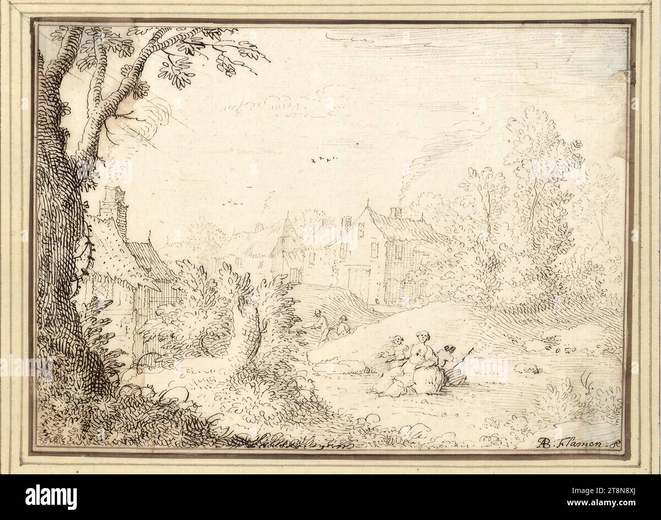 Paysage avec femmes assises (III-30), '3e Livre de dessin de AB. Flamen 'à 50 feuilles, Albert Flamen (Bruges c. 1620 - après 1693 Paris), dessin, plume en brun, 10,3 x 14,1 cm, l. et duc Albert de Saxe-Teschen Banque D'Images