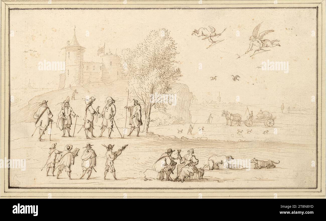 Paysage avec un couple assis et des hommes jouant de la musique, deux cupids dans le ciel (IV-6), '4e Livre de dessin de AB. Flamen 'à 45 feuilles, Albert Flamen (Bruges c. 1620 - après 1693 Paris), dessin, plume et encre en brun, 10,6 x 18,1 cm, l. et duc Albert de Saxe-Teschen Banque D'Images