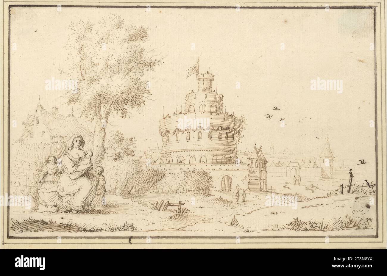 Vue d'une tour de forteresse, devant une femme assise avec trois enfants (IV-12), '4e Livre de dessin de AB. Flamen 'avec 45 feuilles, Albert Flamen (Bruges vers 1620 - après 1693 Paris), dessin, plume et encre en brun, 10,9 x 17,3 cm, l. et Duc Albert de Saxe-Teschen Banque D'Images