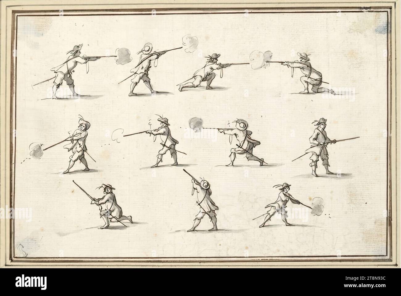 Feuille d'étude avec onze mousquetaires au feu (V-11), '5e Livre de dessin de AB Flamenn' avec 34 feuilles, Albert Flamen (Bruges c. 1620 - après 1693 Paris), dessin, plume et encre grise et brune, lavage gris; dans le coin supérieur droit endommagé et bleu souillé de l'arrière., 10,9 x 16,5 cm, l. et le duc Albert de Saxe-Teschen Banque D'Images