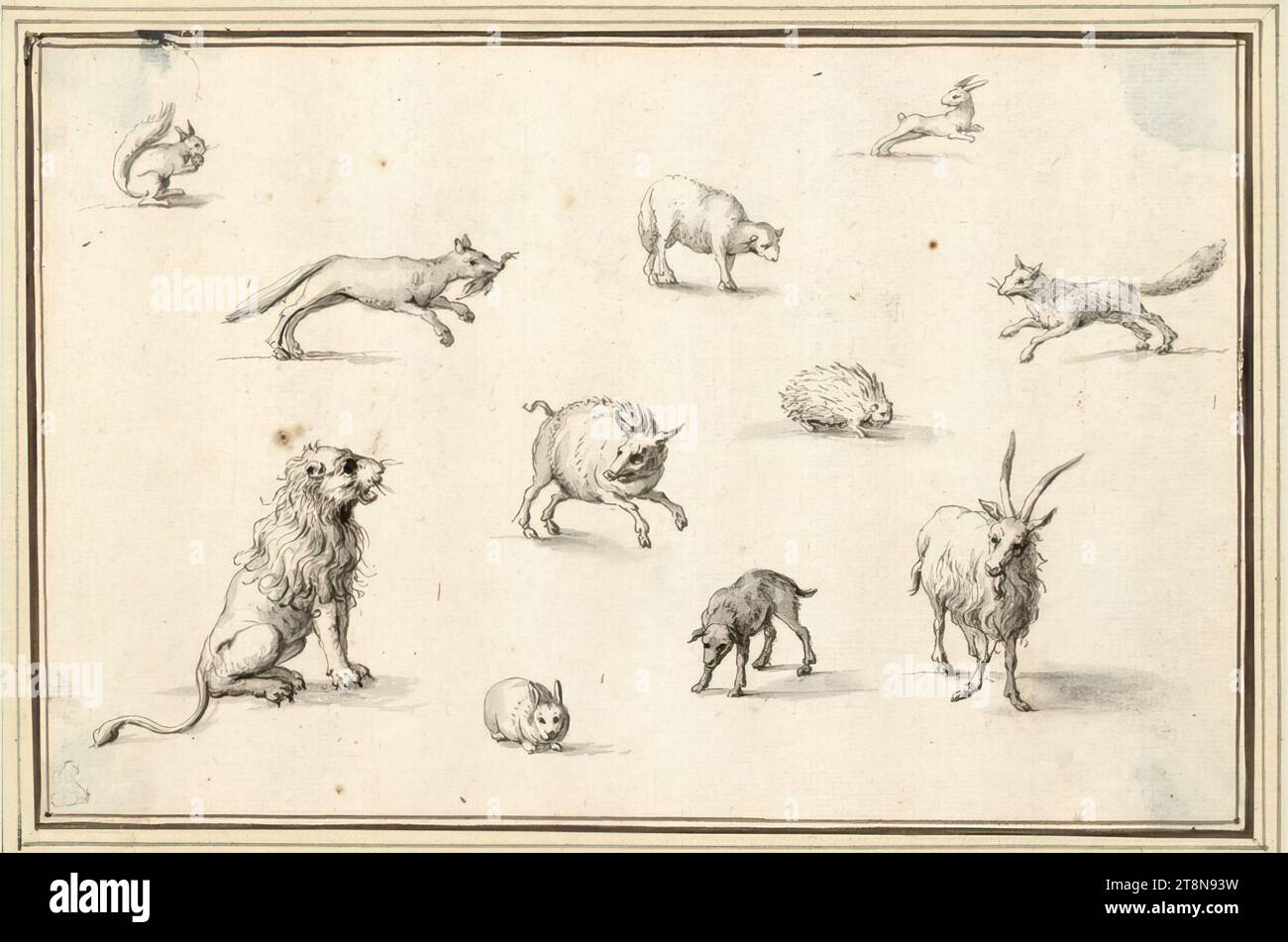 Fiche d'étude avec onze animaux (écureuil, lion assis, etc.) (V-21), '5e Livre de dessin de AB Flamenn' avec 34 feuilles, Albert Flamen (Bruges vers 1620 - après 1693 Paris), dessin, plume en gris, lavage gris, dans le coin supérieur gauche abîmé et bleu souillé du dos., 10,7 x 16,4 cm, l. et Duc Albert de Saxe-Teschen Banque D'Images