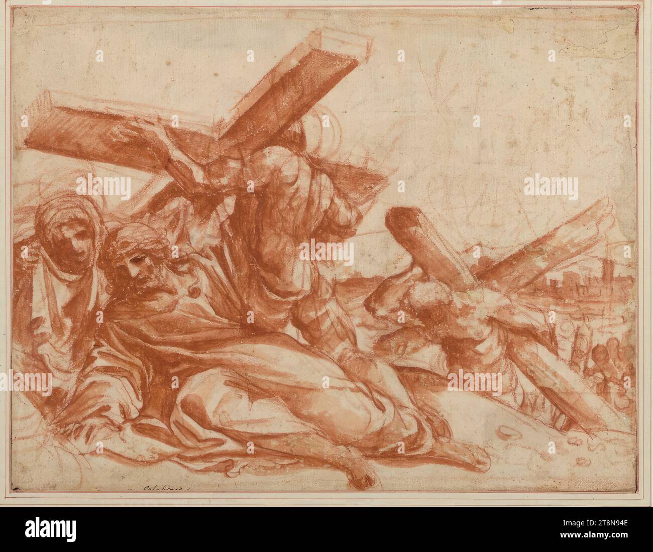Christ s'effondre sous la croix, anonyme, dessin, craie rouge ; lavis rouge, 19,8 x 25,7 cm, Chevalier de Damery ; Albert von Sachsen-Teschen, en bas à gauche (rogné) à l'encre 'Calabrese Banque D'Images