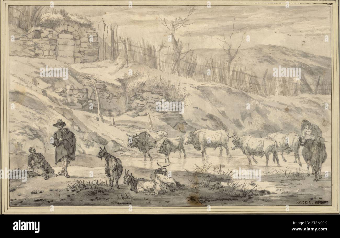 Troupeau de boeufs dans un gué, au-dessous d'une pente raide avec une clôture de roseau, un homme et une femme assise en conversation, Willem Romeijn (Haarlem c. 1624 - c. 1695 Haarlem), dessin, craie noire, pinceau gris, lavage gris (mélangé avec blanc opaque)., 17,9 x 28,8 cm, l.l. Duc Albert de Saxe-Teschen, inscrit à droite. Ci-dessous dans une main inconnue avec un stylo en marron : 'ROMEIN. PINX.' (barré le deuxième mot Banque D'Images